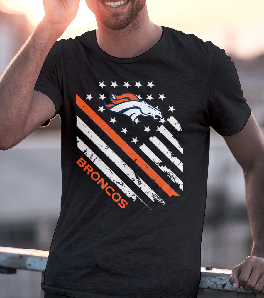 Broncos Logo With Stars And Stripes In Orange And White T-Shirt