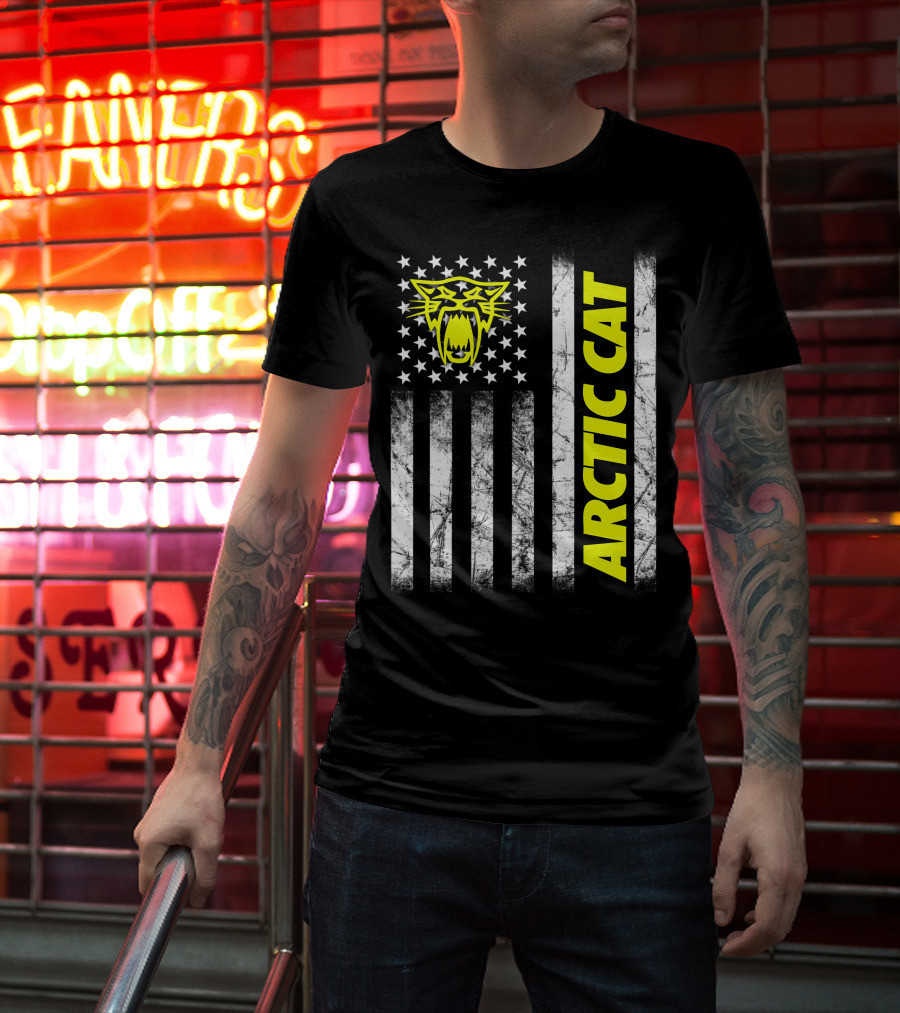 Arctic Cat Yellow Logo With American Flag Stripes And Stars T-Shirt