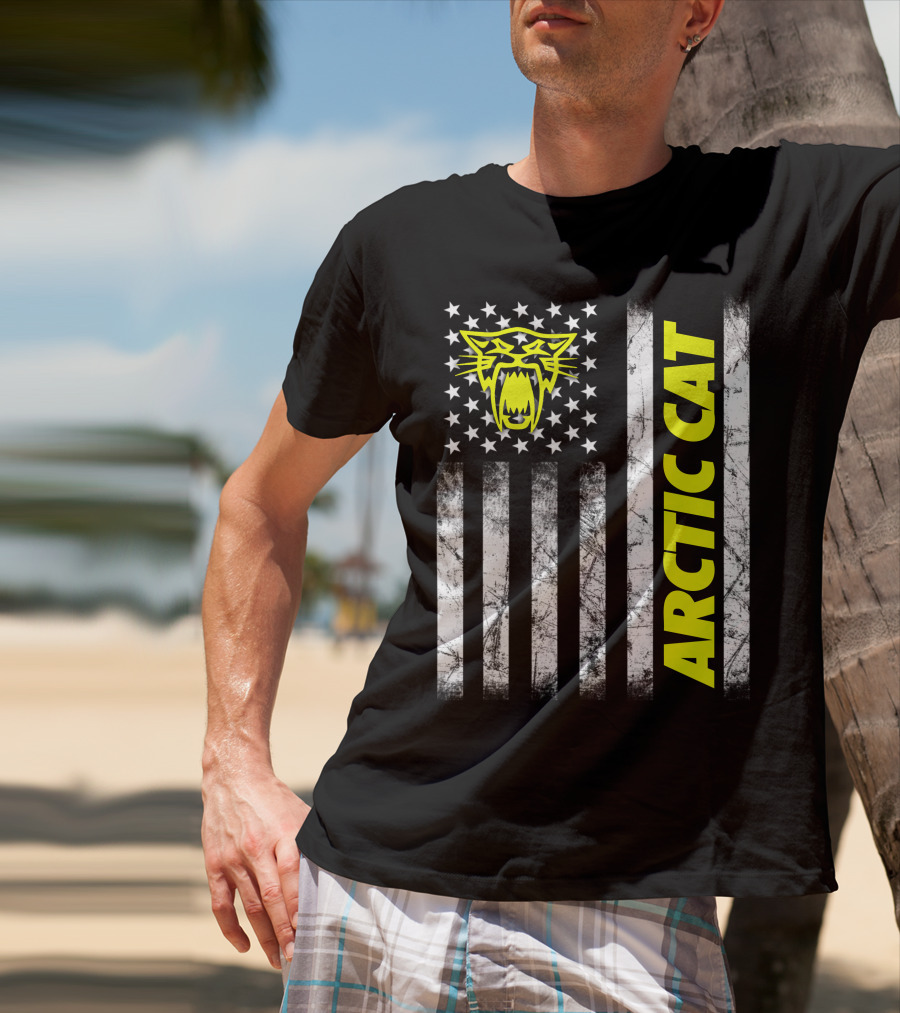 Arctic Cat Yellow Logo With American Flag Stripes And Stars T-Shirt