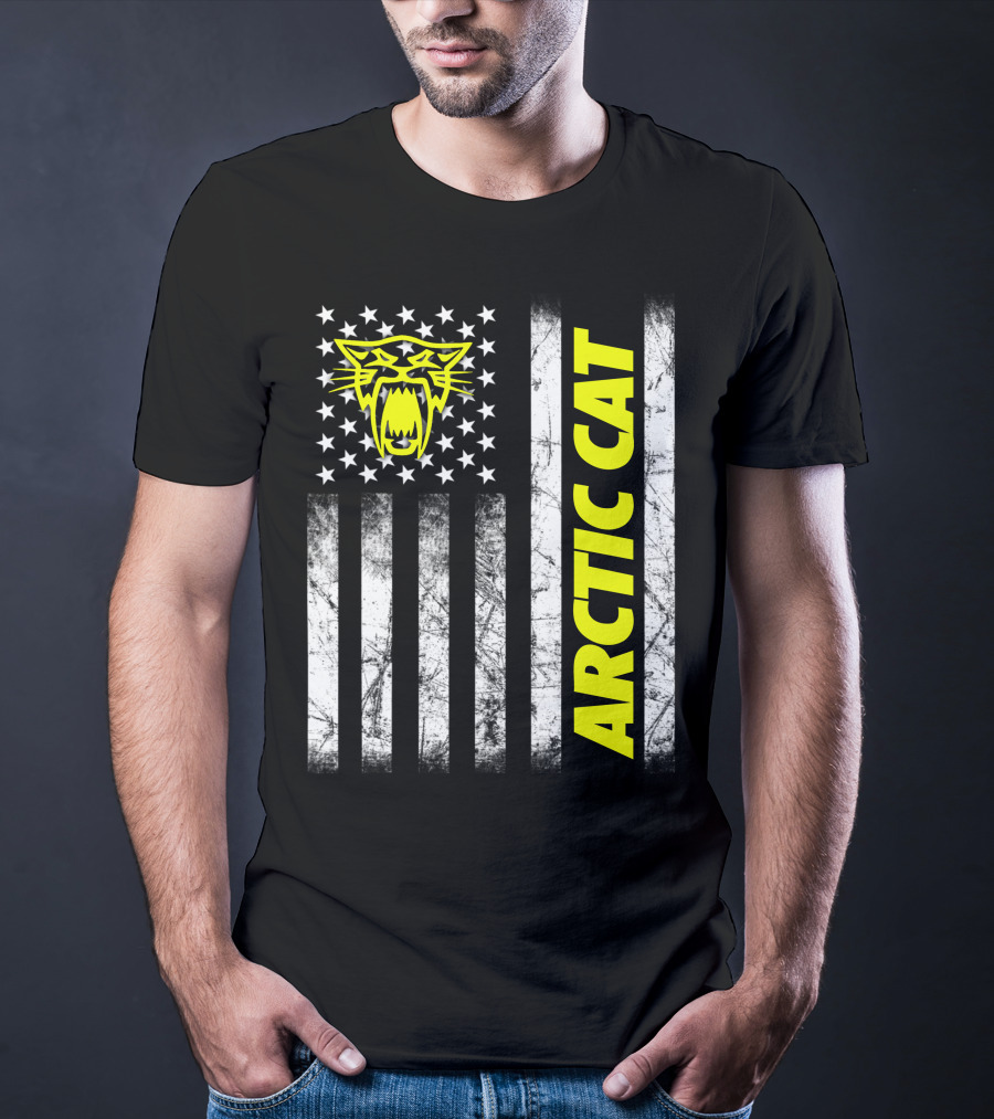 Arctic Cat Yellow Logo With American Flag Stripes And Stars T-Shirt