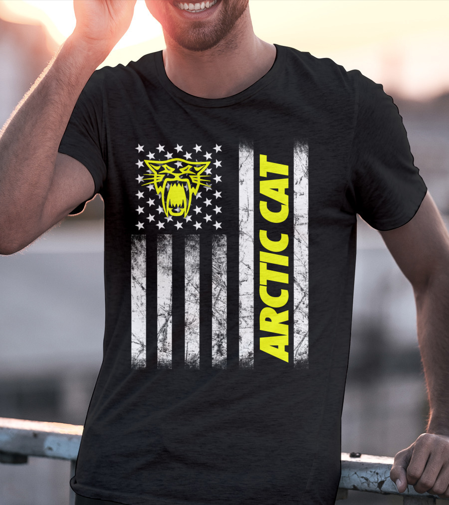 Arctic Cat Yellow Logo With American Flag Stripes And Stars T-Shirt
