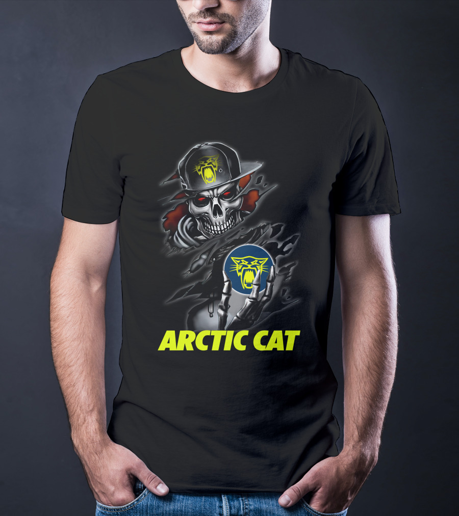 Arctic Cat Skull Skeleton With Hat Holding T-Shirt