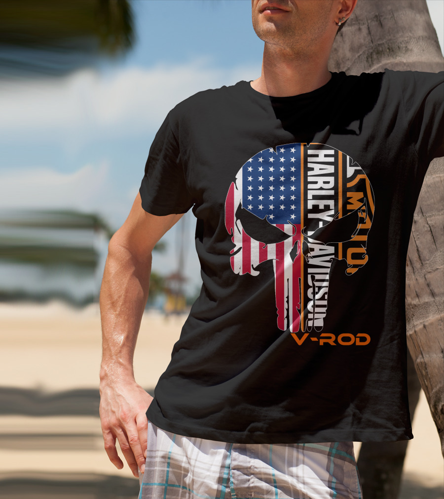 V-Rod Harley Davidson American Flag Skull T-Shirt