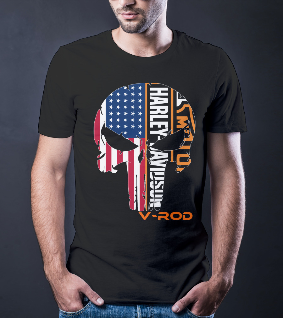 V-Rod Harley Davidson American Flag Skull T-Shirt