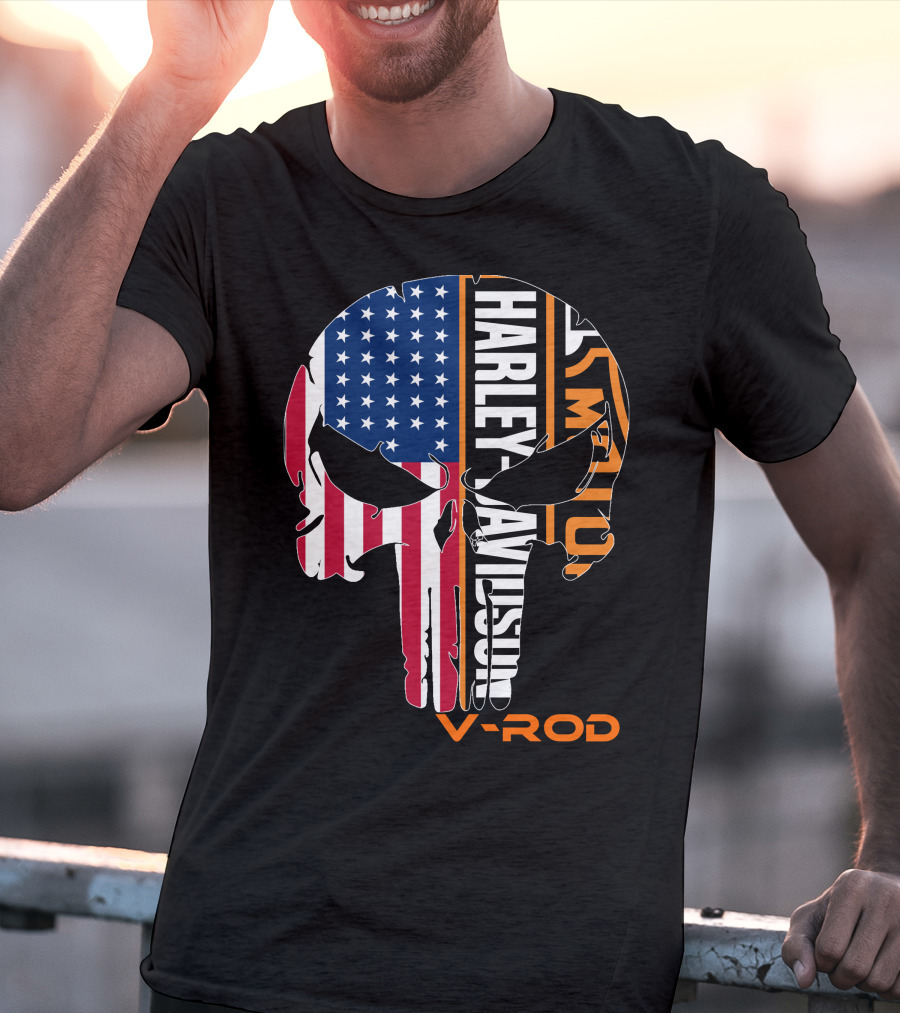 V-Rod Harley Davidson American Flag Skull T-Shirt