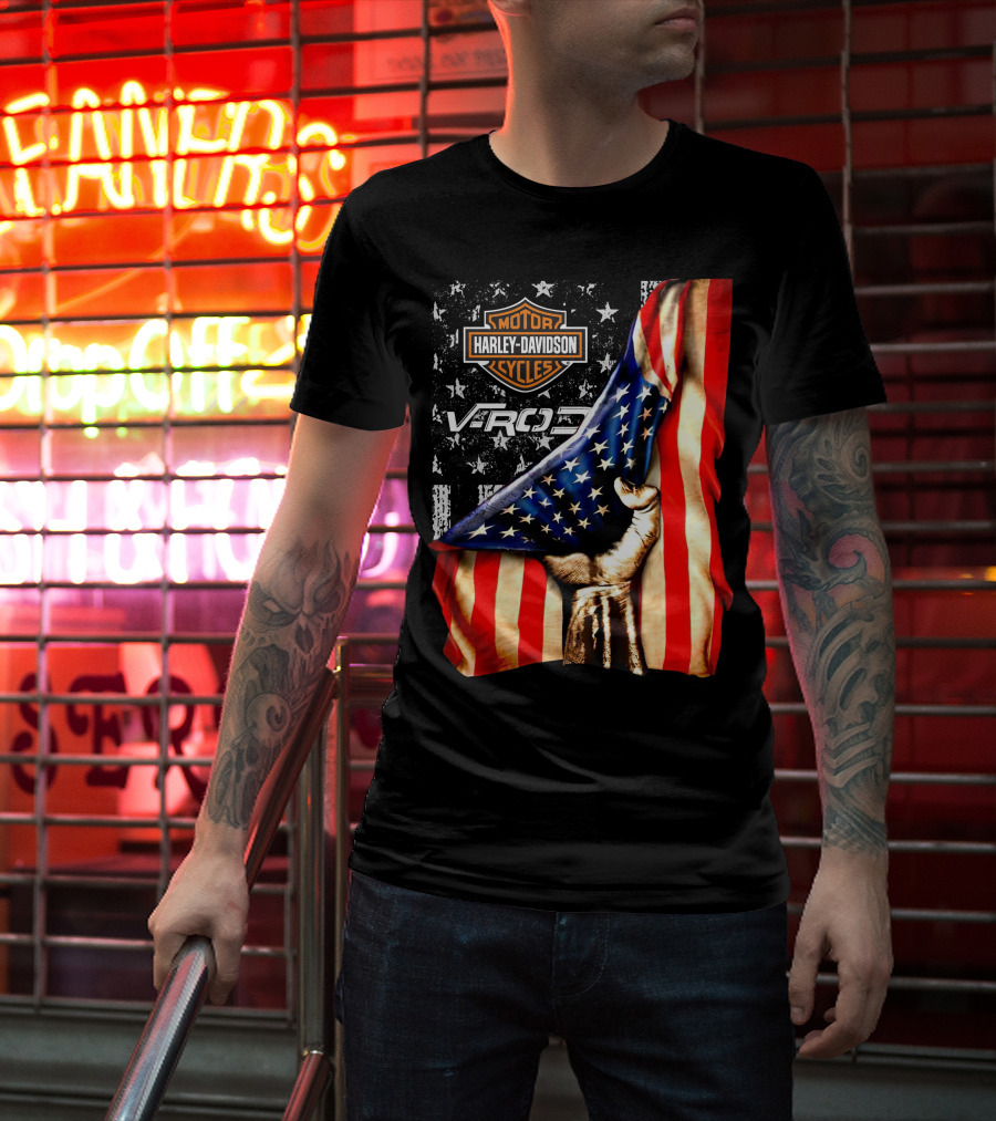 Harley Davidson Motor Cycles Vrod 12 American Flag Fist T-Shirt