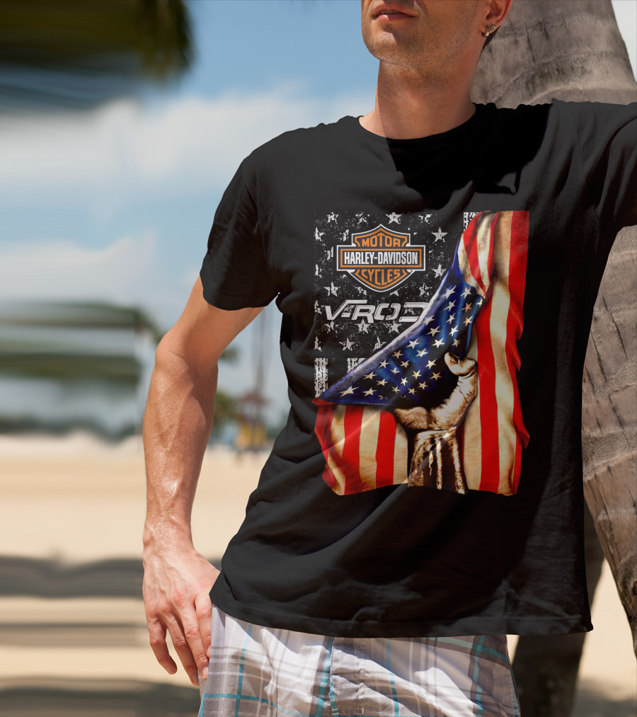 Harley Davidson Motor Cycles Vrod 12 American Flag Fist T-Shirt
