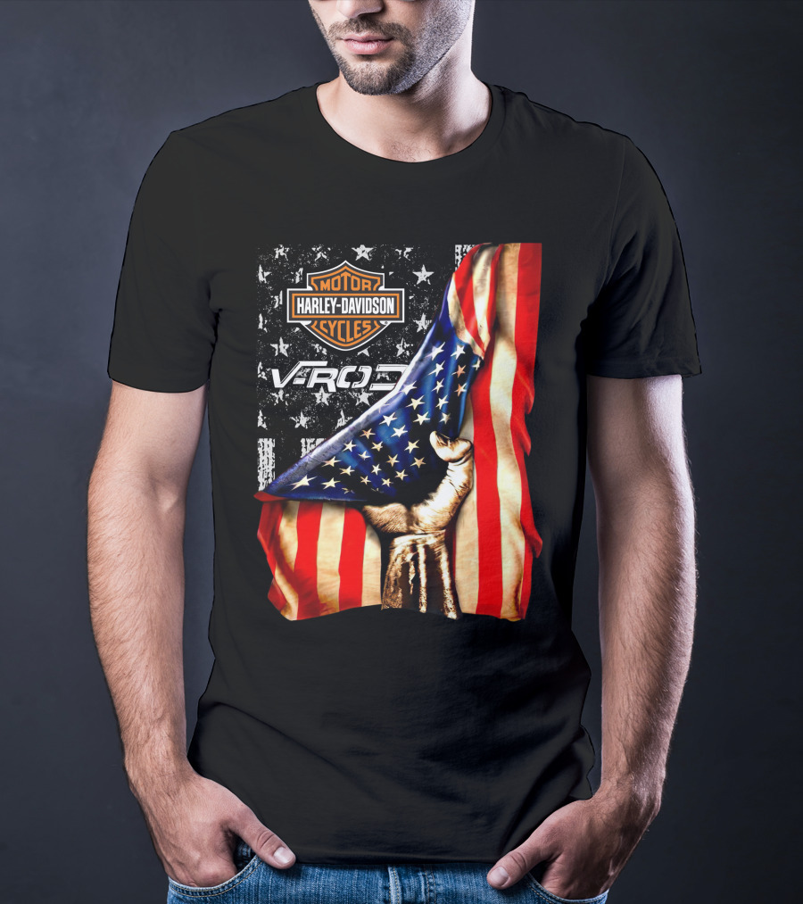 Harley Davidson Motor Cycles Vrod 12 American Flag Fist T-Shirt