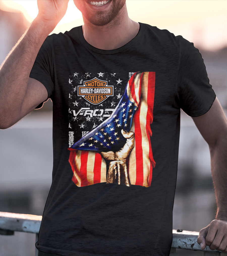 Harley Davidson Motor Cycles Vrod 12 American Flag Fist T-Shirt
