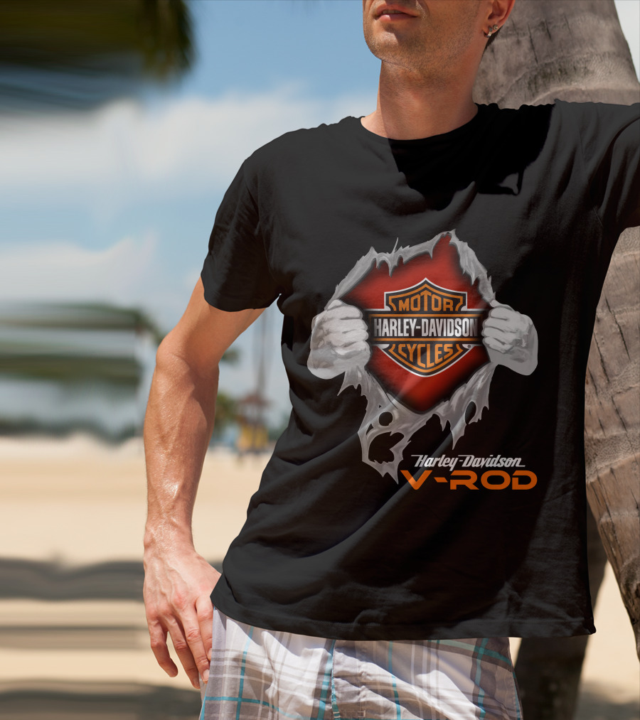 Harley Davidson V-Rod Motor Cycles Logo And Shield With Ripping Hands T-Shirt