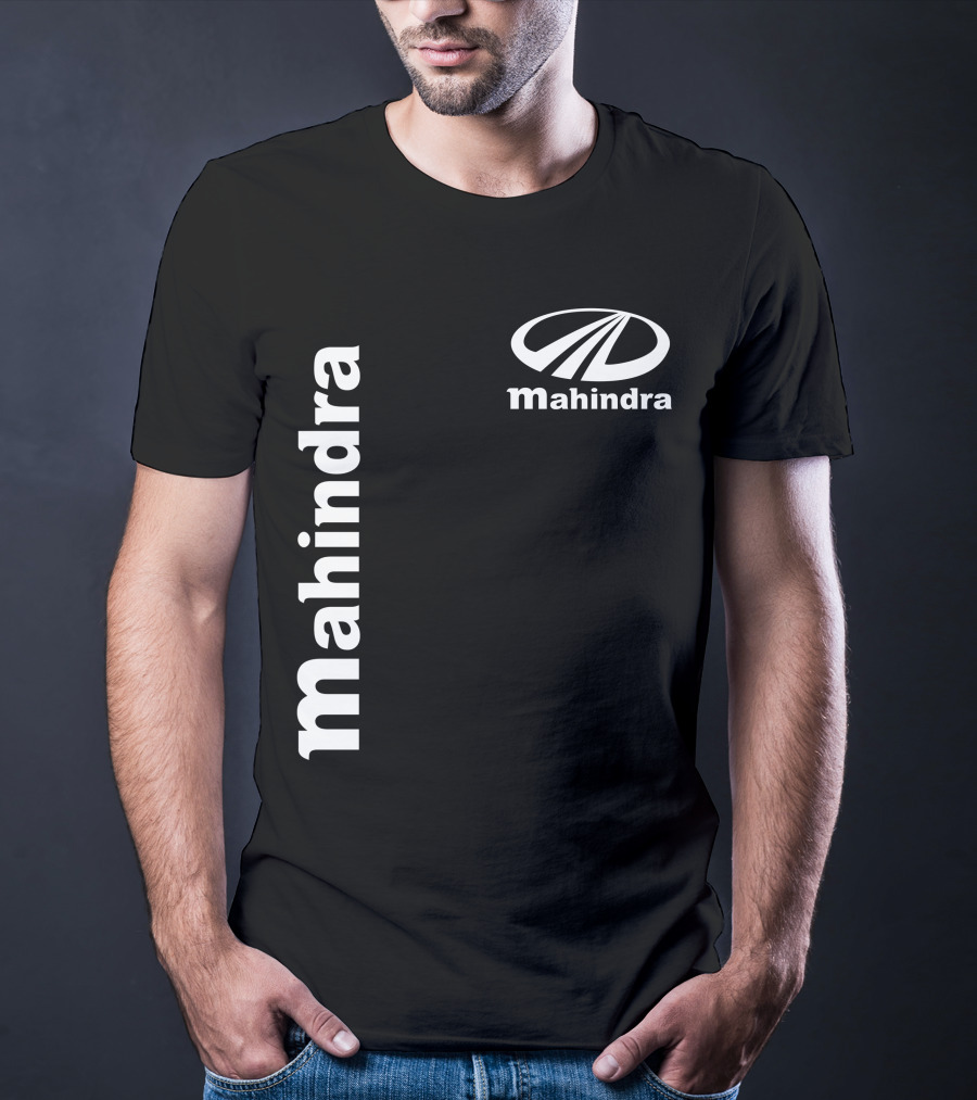 Mahindra Vertical Text With Iconic Logo Bold T-Shirt