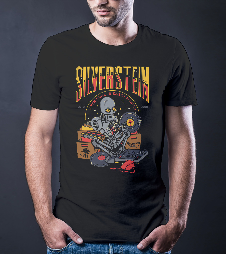 SILVERSTEIN WHEN VINYL IS EASILY FIXATED ESTD 2000 ROBOT WITH RECORDS T-Shirt