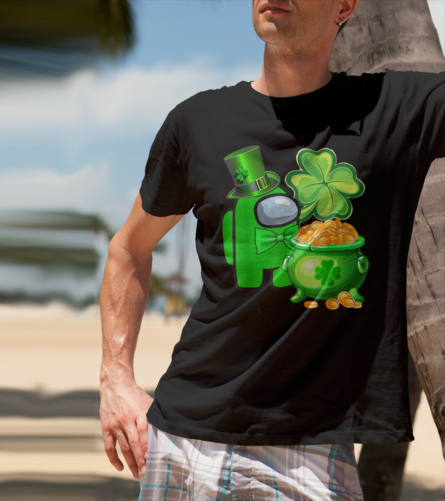 Among Us Green Character With Shamrock Hat And Pot Of Gold St Patrick's Day T-Shirt