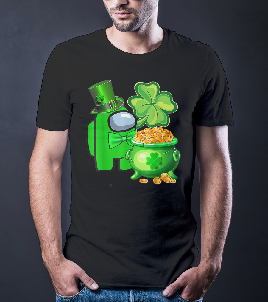 Among Us Green Character With Shamrock Hat And Pot Of Gold St Patrick's Day T-Shirt