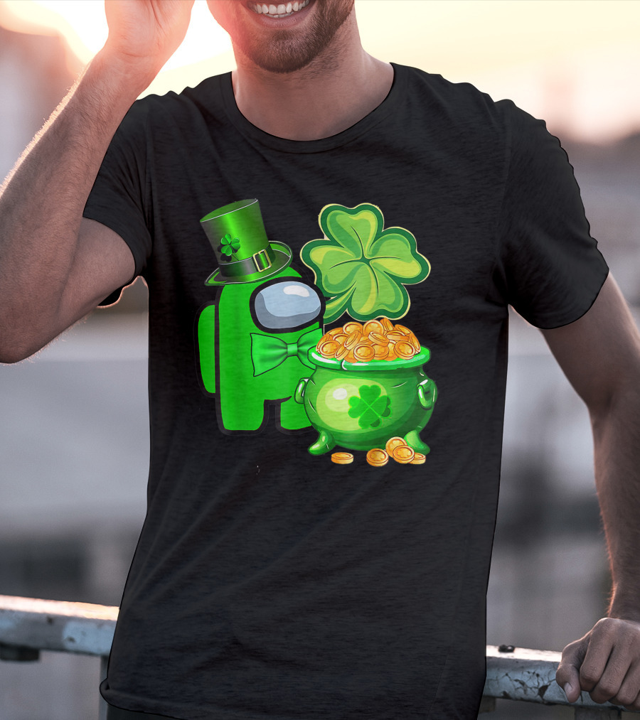 Among Us Green Character With Shamrock Hat And Pot Of Gold St Patrick's Day T-Shirt