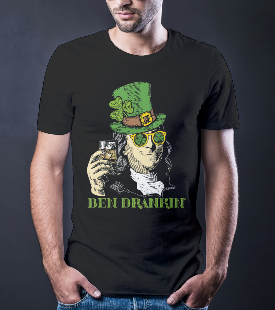 Ben Drankin Green Shamrock Hat Sunglasses Whiskey Glass T-Shirt
