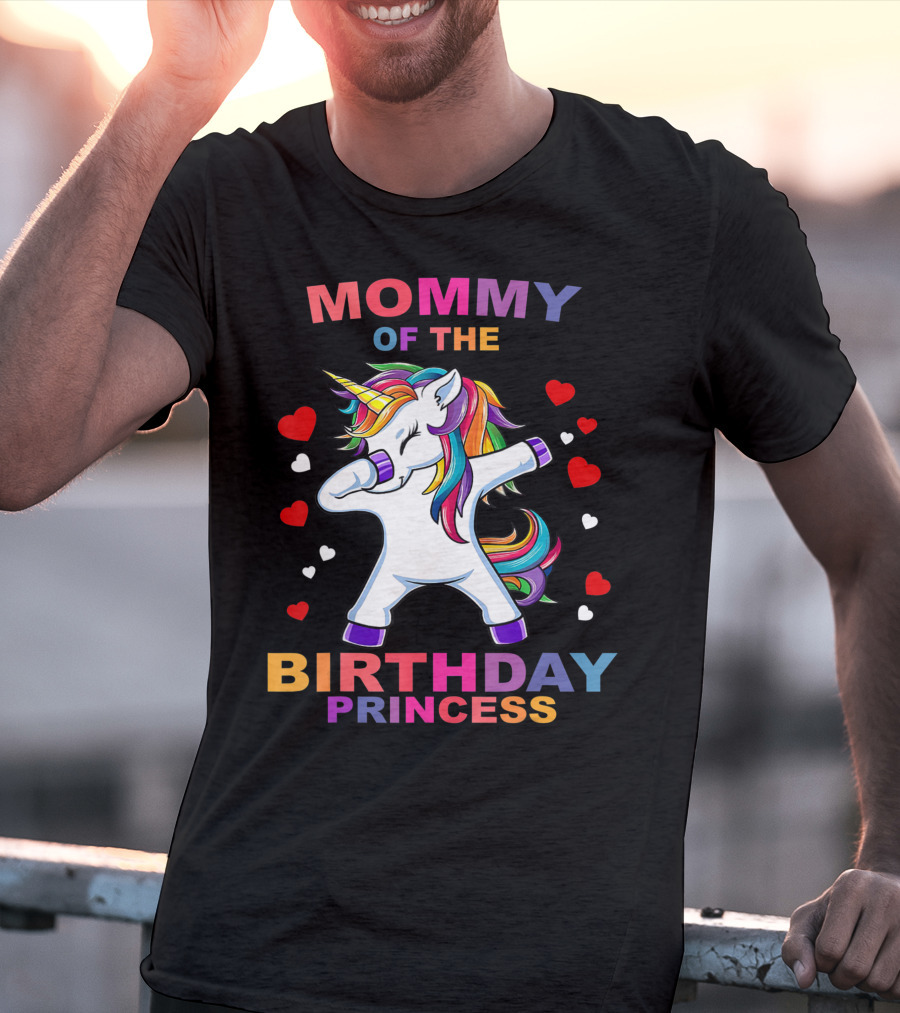 Mommy Of The Birthday Princess Unicorn Girl Dabbing With Hearts T-Shirt