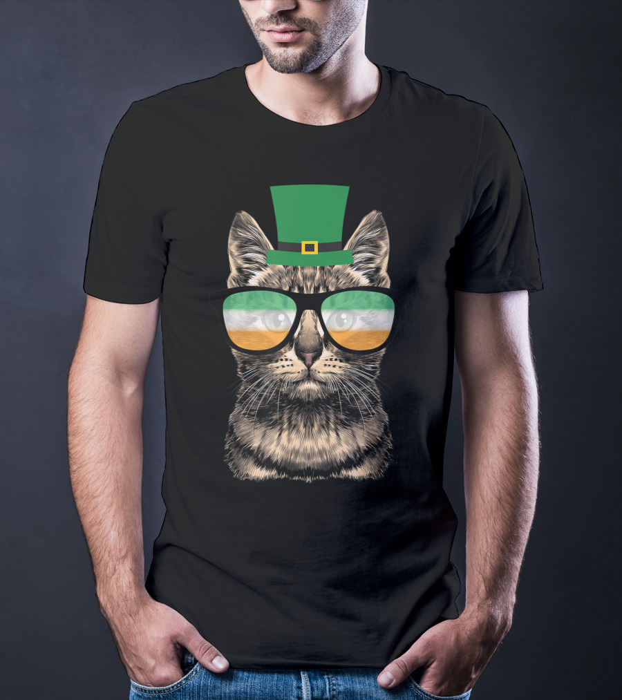 St Patrick's Day Cat Kitty Wearing Irish Green Hat And Glasses T-Shirt
