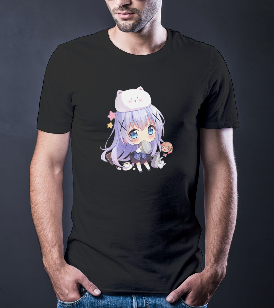 Hitsu Chibi Style Japanese Anime Character With Cat Hat And Stars T-Shirt