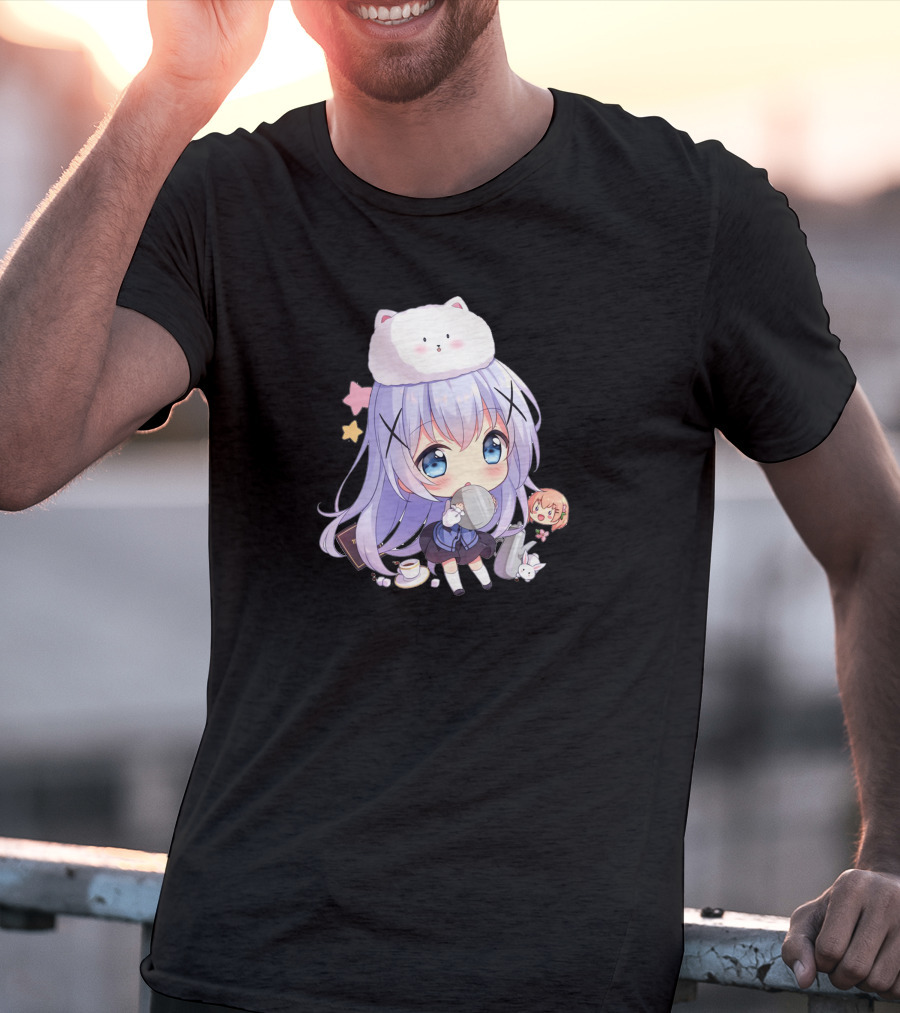 Hitsu Chibi Style Japanese Anime Character With Cat Hat And Stars T-Shirt