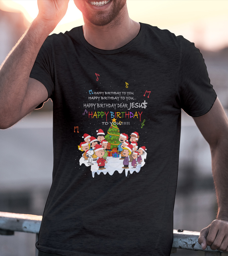 Happy Birthday Dear Jesus Peanuts Characters Christmas Caroling T-Shirt