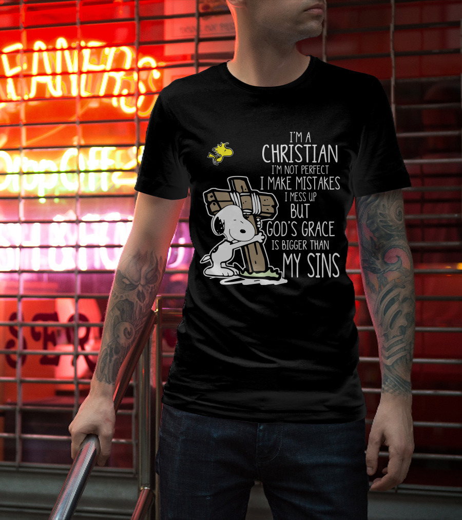 I'm A Christian God's Grace Bigger Than My Sins Snoopy Hugging Cross T-Shirt