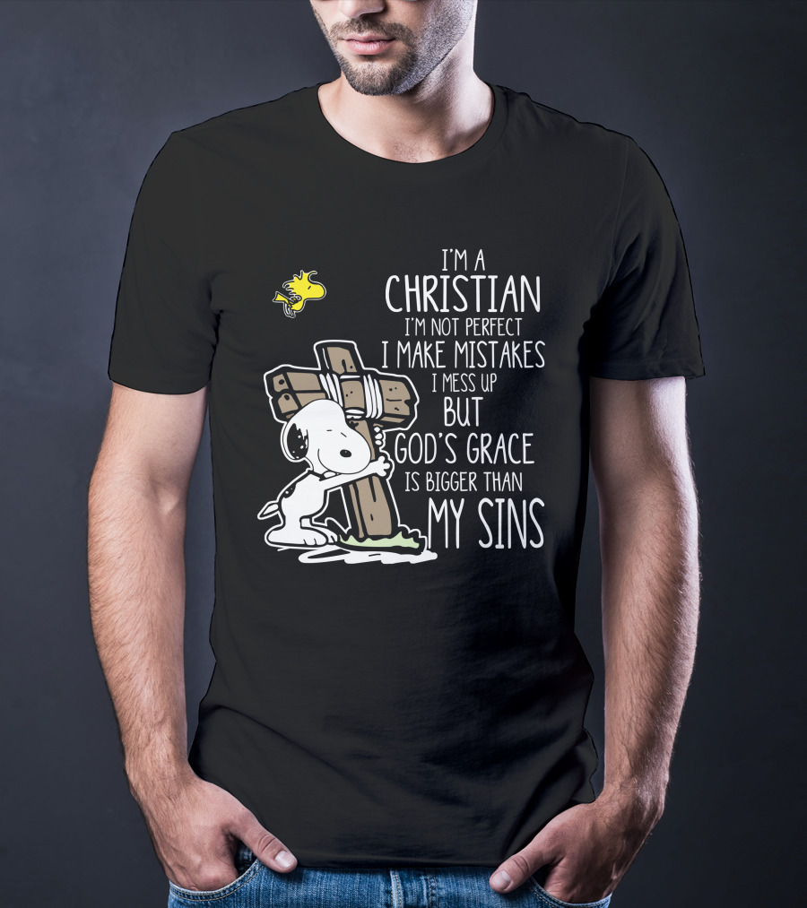 I'm A Christian God's Grace Bigger Than My Sins Snoopy Hugging Cross T-Shirt