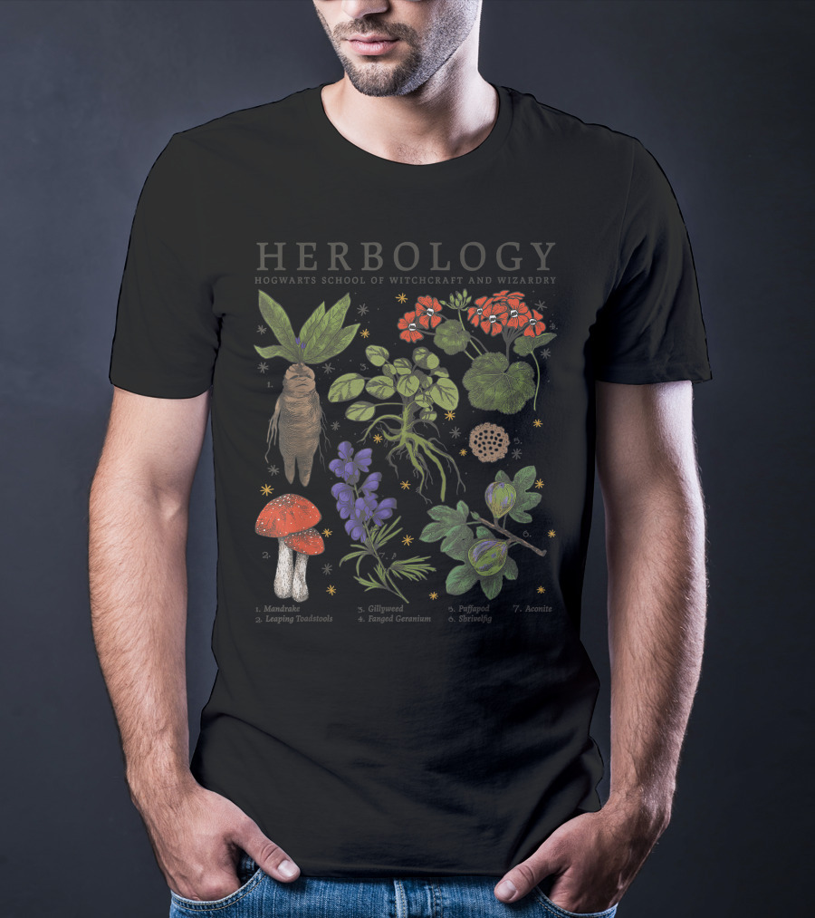 Herbology Hogwarts School Of Witchcraft And Wizardry Mandrake Gillyweed Puffapod Aconite Leaping Toadstools Stinksap Strangler Fig T-Shirt