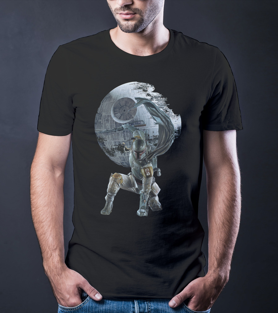 Boba Fett Striking Pose With Death Star Backdrop T-Shirt