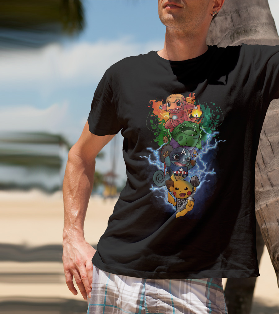 Pikachu Squirtle Charmander Bulbasaur Superhero Mashup T-Shirt