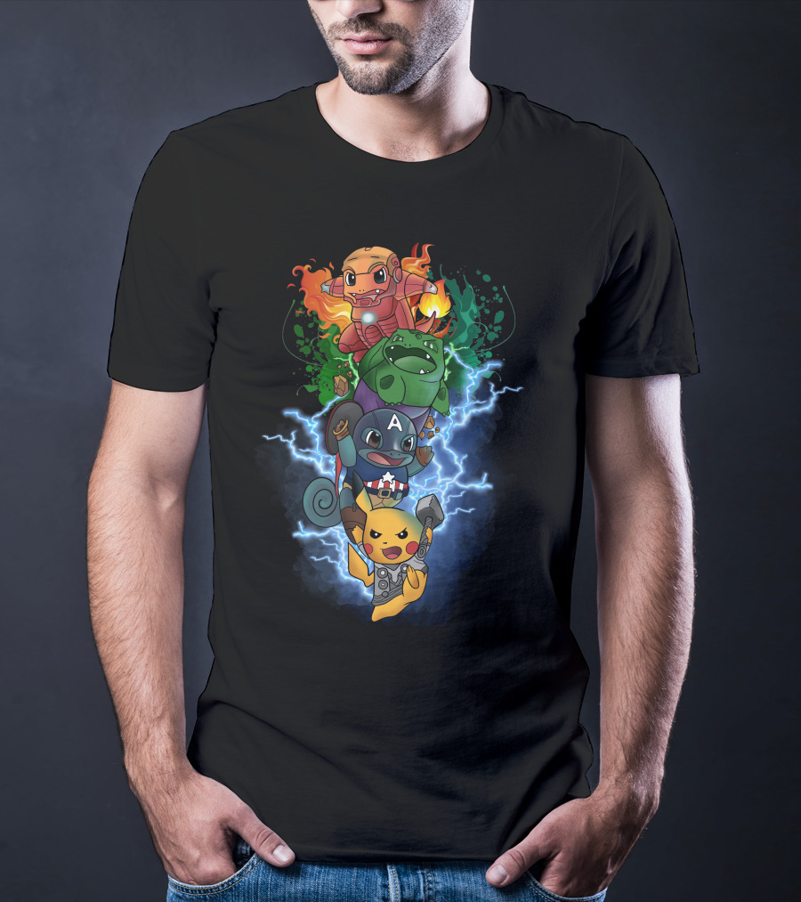 Pikachu Squirtle Charmander Bulbasaur Superhero Mashup T-Shirt