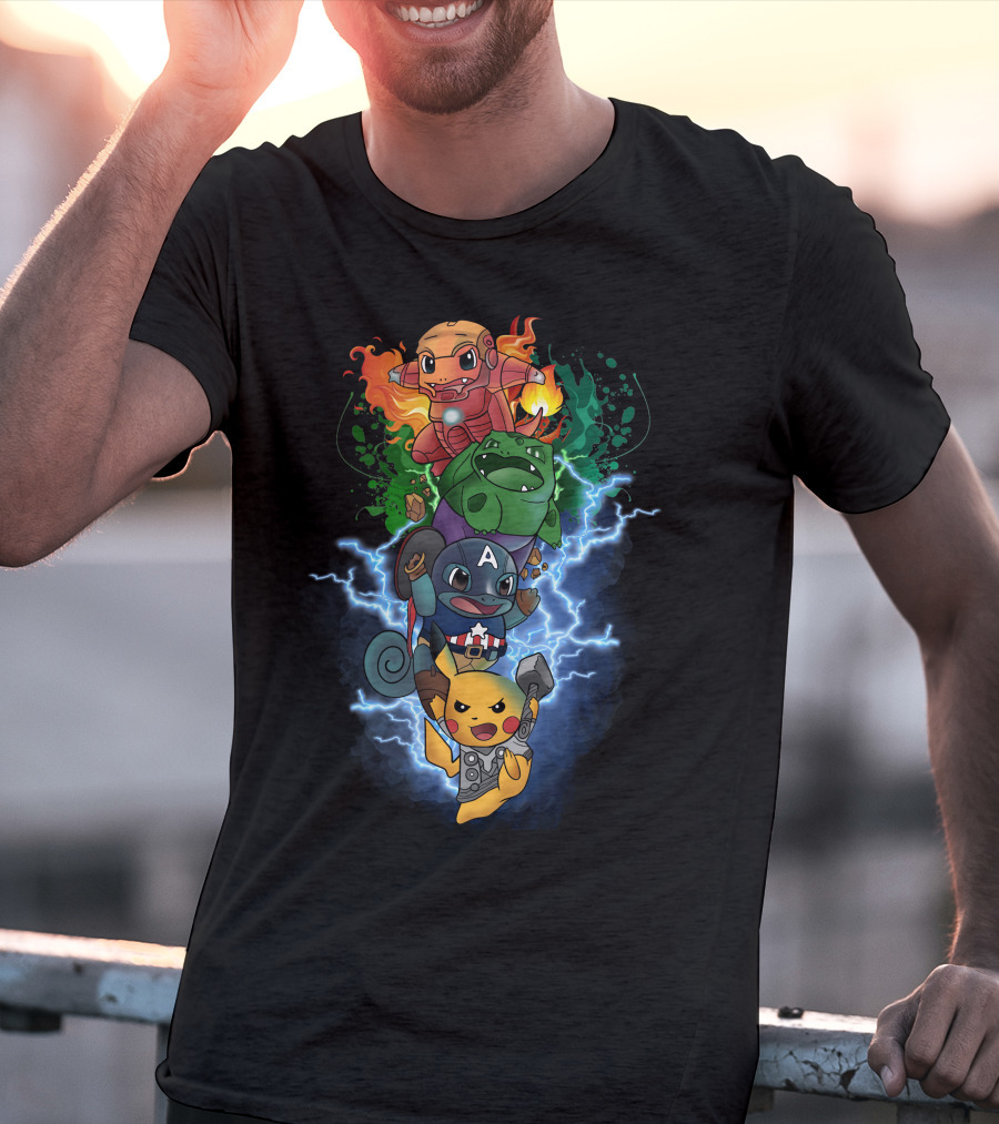 Pikachu Squirtle Charmander Bulbasaur Superhero Mashup T-Shirt