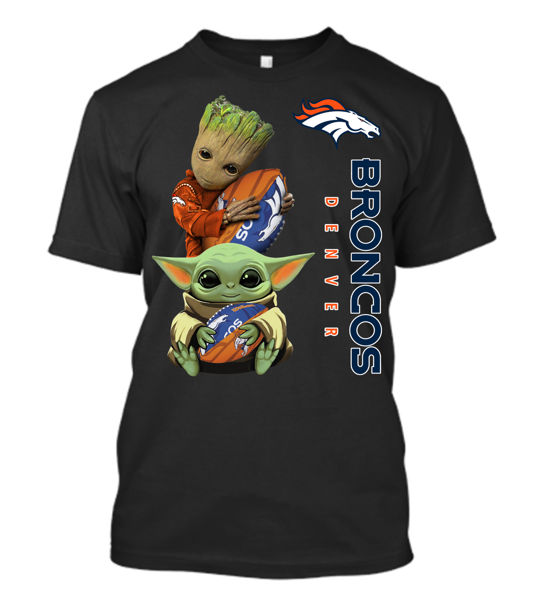 Denver Broncos Baby Yoda And Groot Holding Footballs T-Shirt