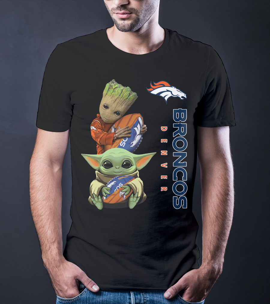 Denver Broncos Baby Yoda And Groot Holding Footballs T-Shirt