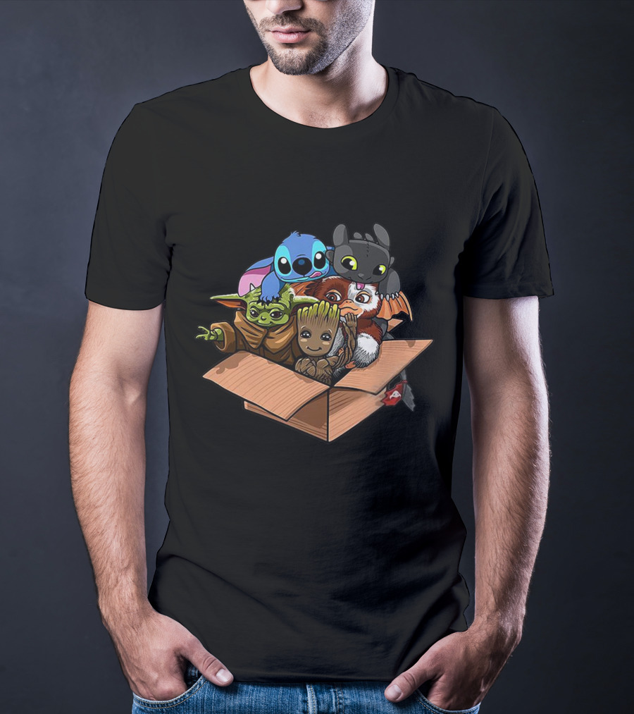 Baby Characters In Box Yoda Groot Stitch Toothless Gizmo T-Shirt