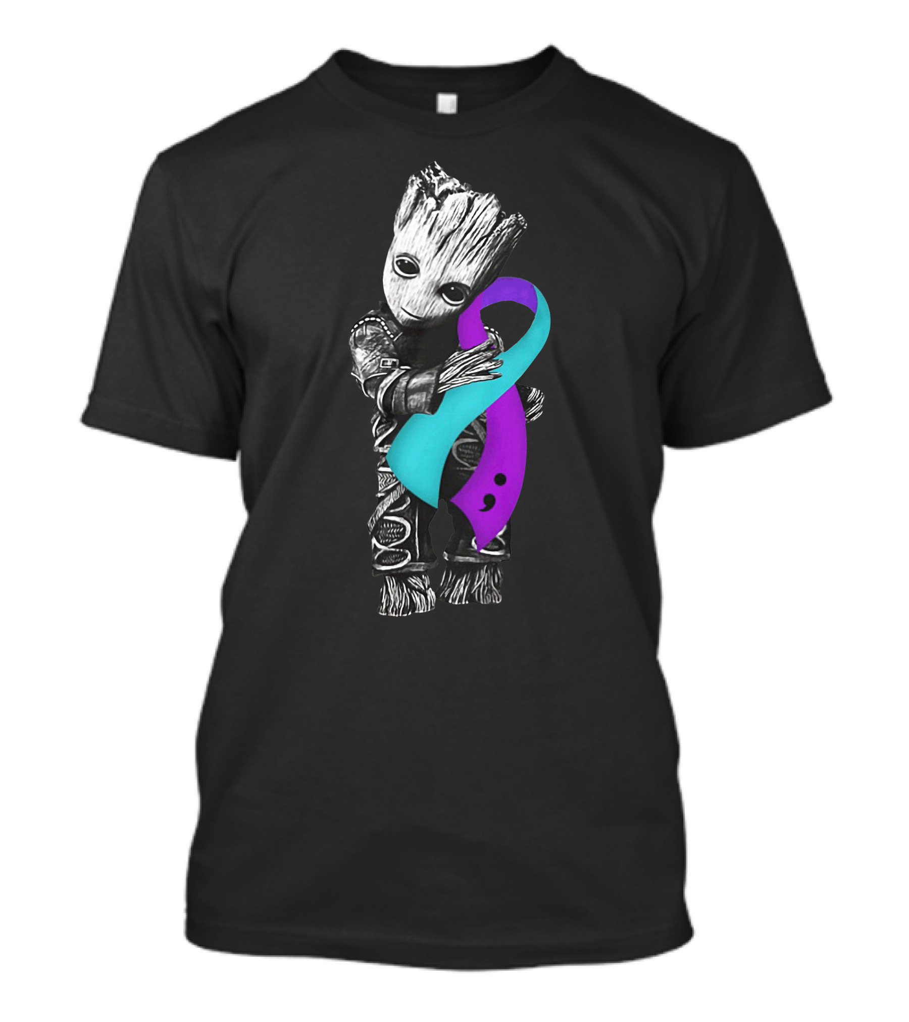 Groot Hugging Semicolon Suicide Prevention Awareness Ribbon T-Shirt