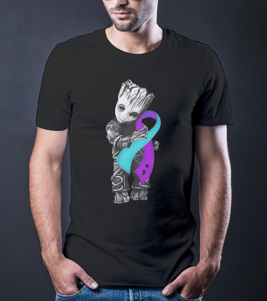 Groot Hugging Semicolon Suicide Prevention Awareness Ribbon T-Shirt