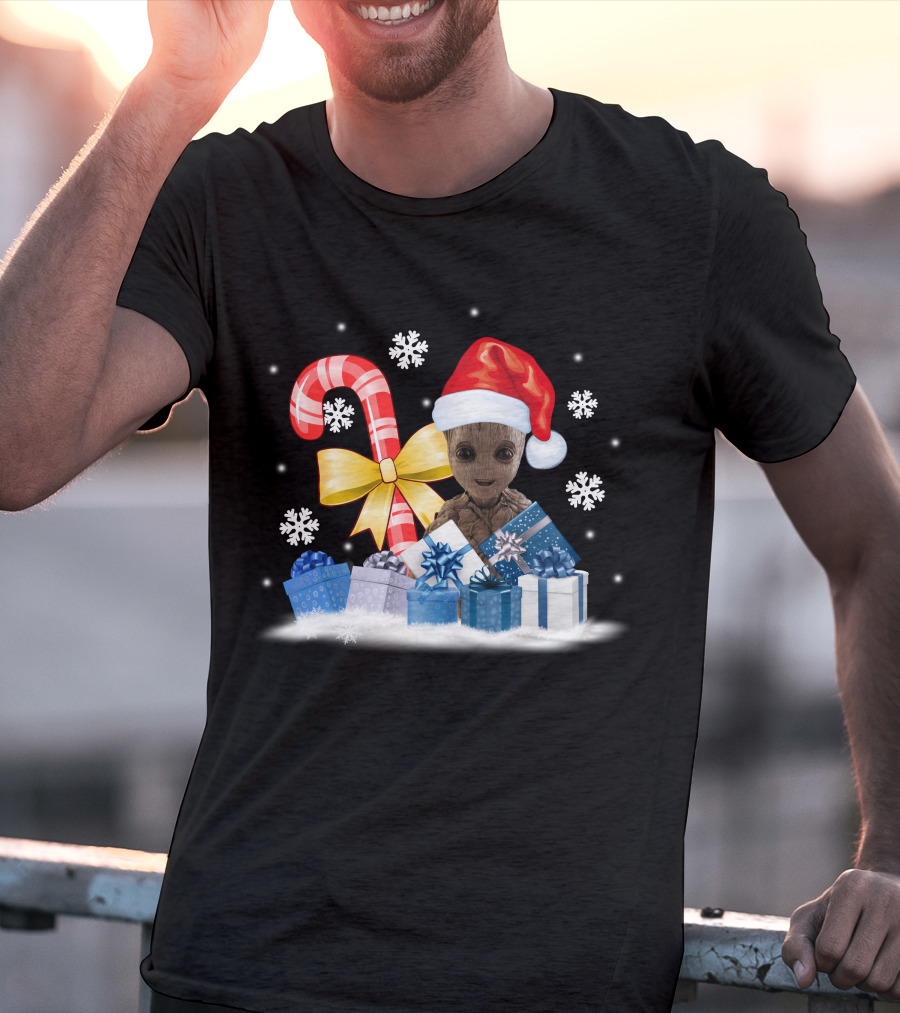 Baby Groot Christmas Santa Hat Candy Cane Snowflakes T-Shirt