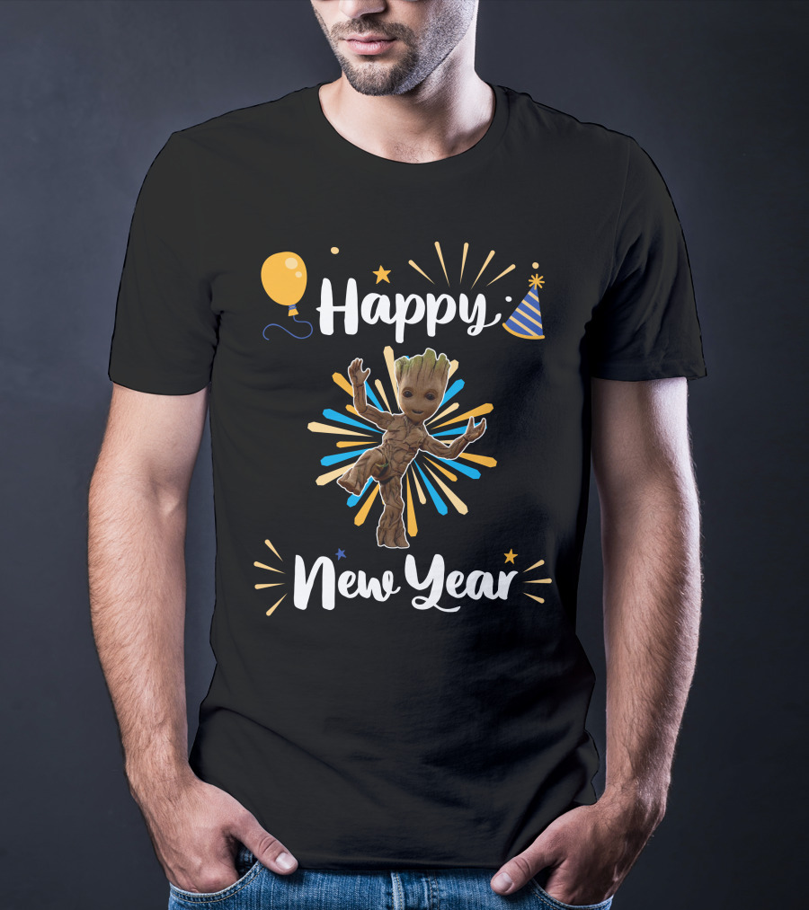 Happy New Year Groot Celebration With Party Hat And Balloon T-Shirt