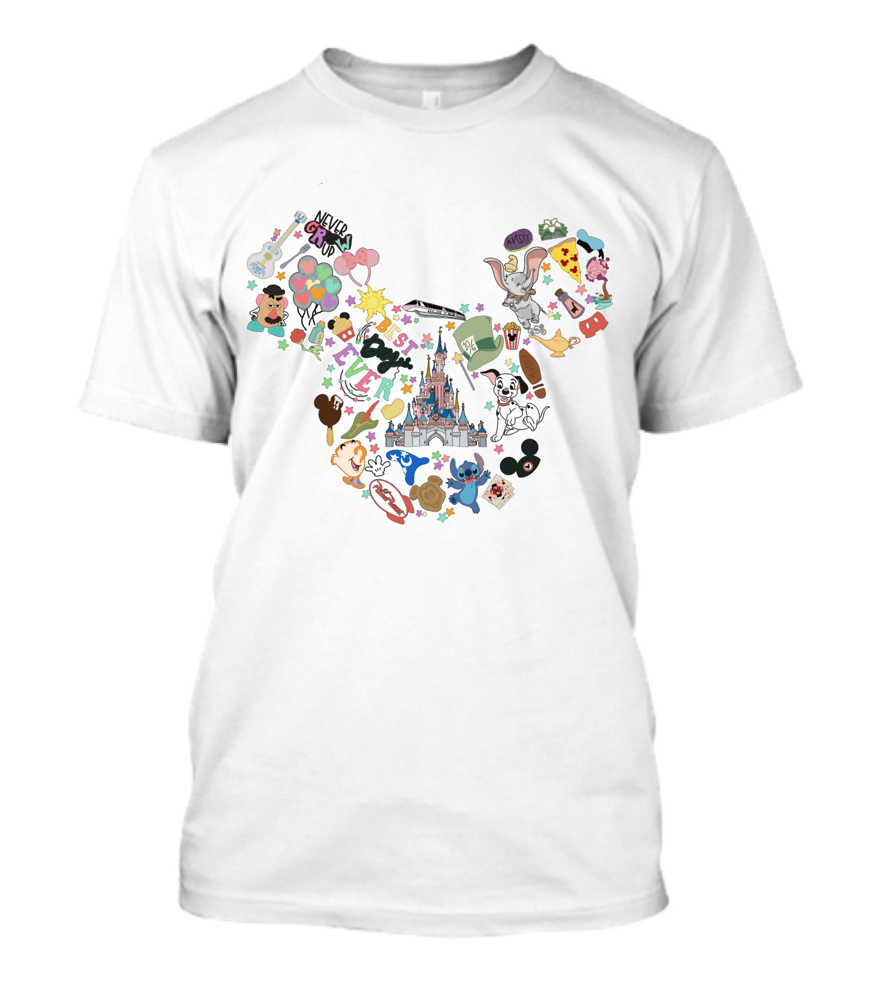 Only Today Never Grow Up Dumbo Disney Castle Stitch Mickey Mouse Ears T-Shirt