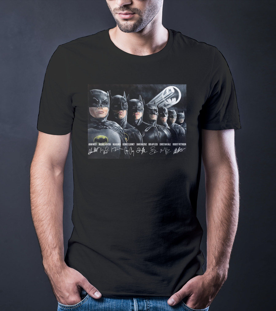 Adam West Michael Keaton Val Kilmer George Clooney David Mazouz Ben Affleck Christian Bale Robert Pattinson Batman Bat-Signal T-Shirt