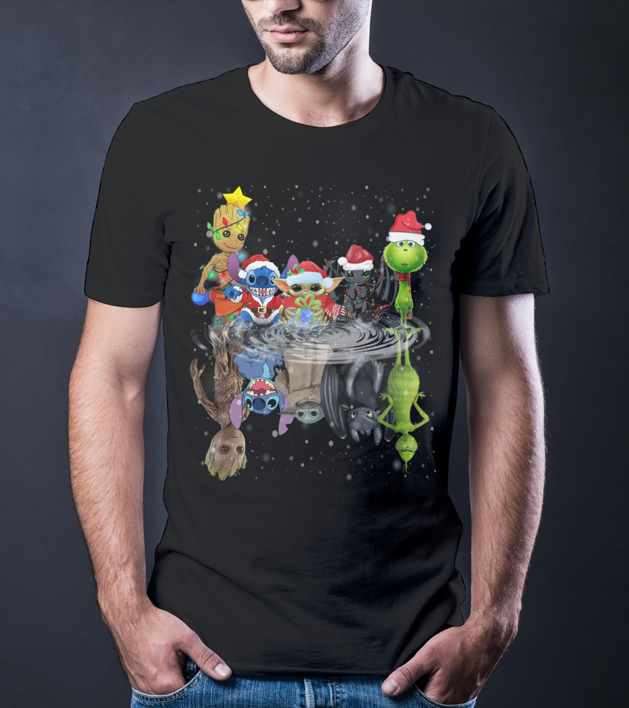 Groot Stitch Yoda Grinch Christmas Reflection T-Shirt