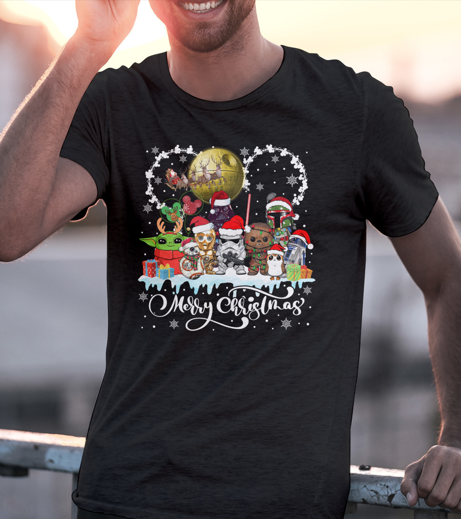 Merry Christmas Star Warss Characters Santa Hats Snowflakes T-Shirt