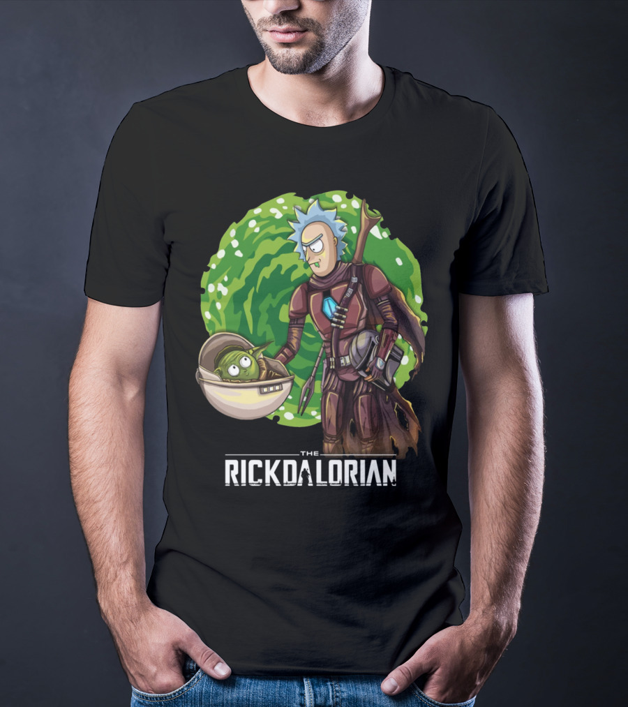 The Rickdalorian With Green Portal Background And Baby Alien Character T-Shirt