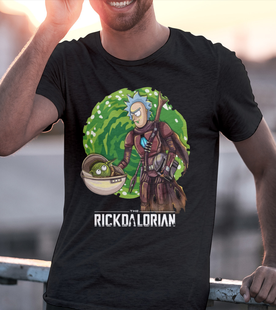 The Rickdalorian With Green Portal Background And Baby Alien Character T-Shirt