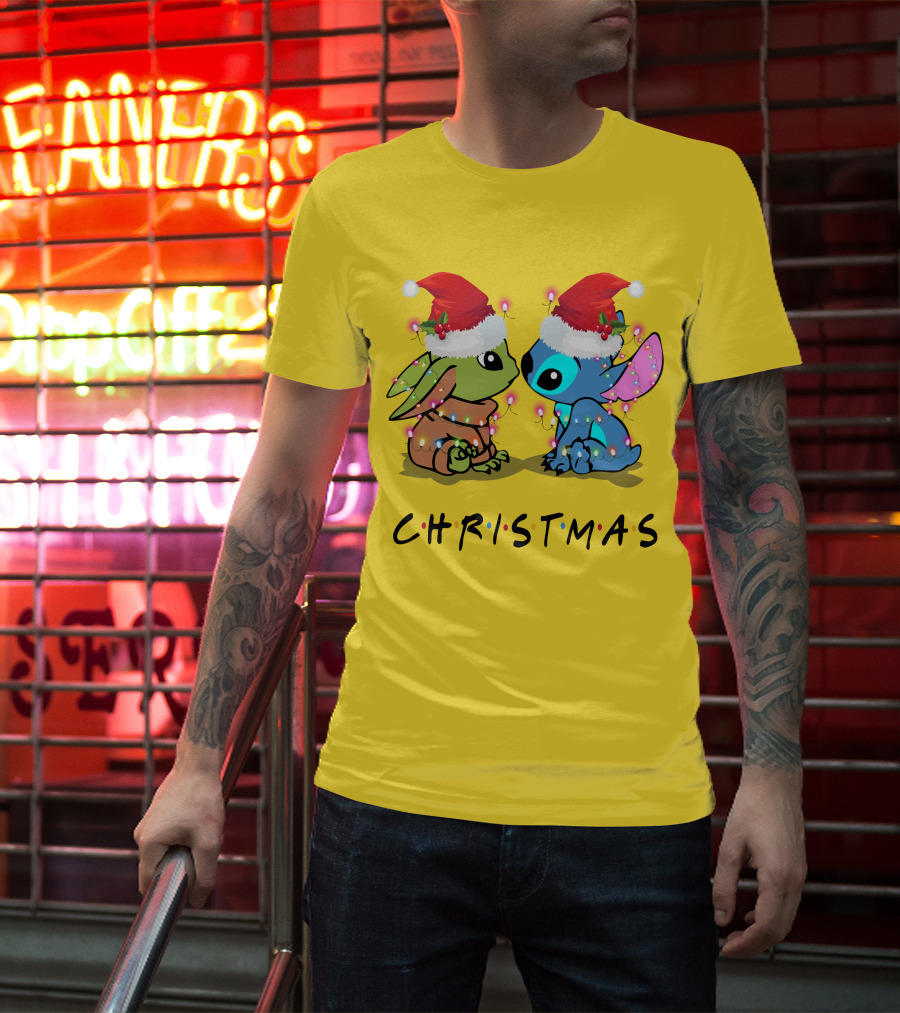 Christmas Yoda And Stitch Santa Hats T-Shirt
