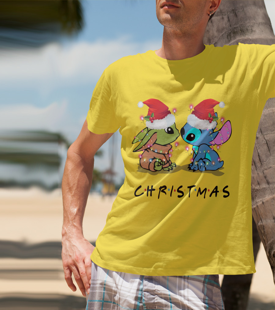 Christmas Yoda And Stitch Santa Hats T-Shirt