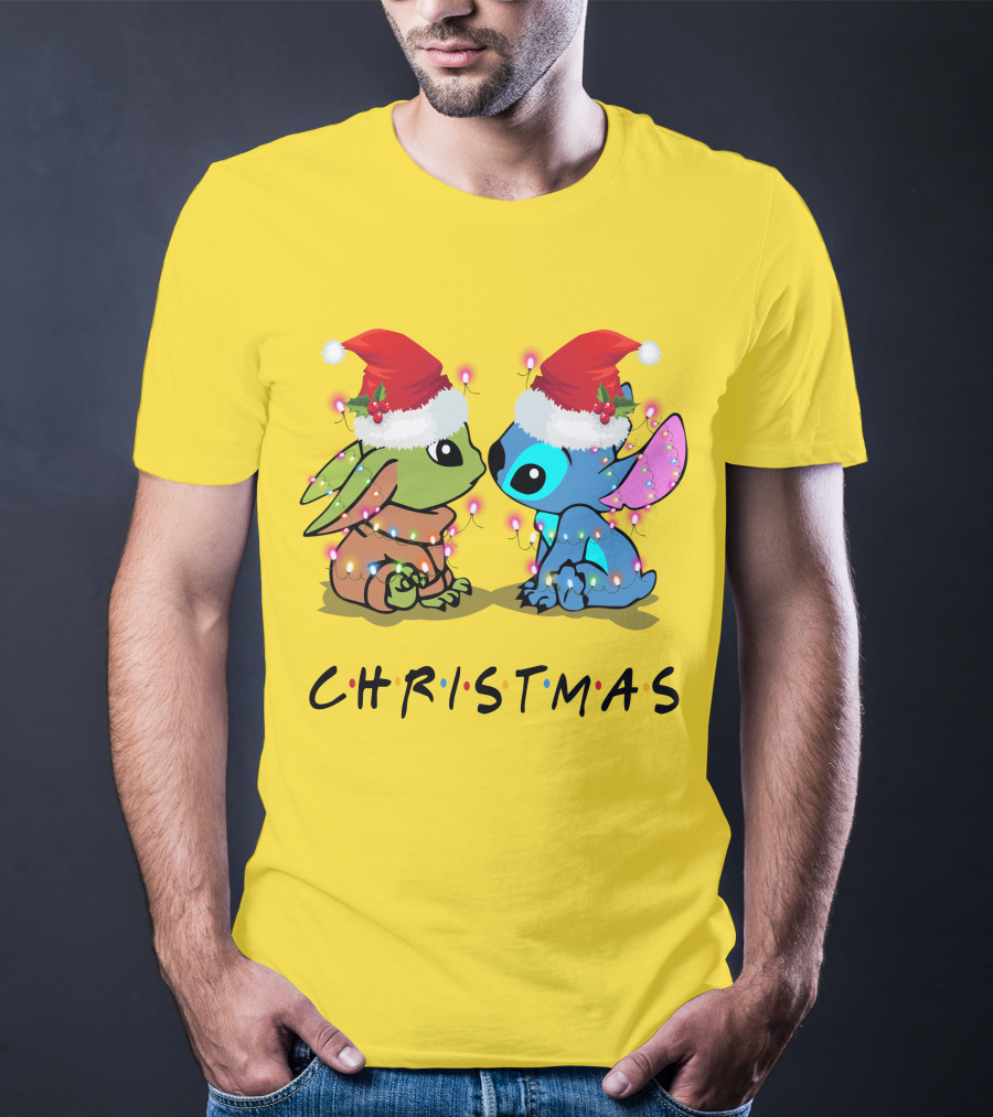 Christmas Yoda And Stitch Santa Hats T-Shirt