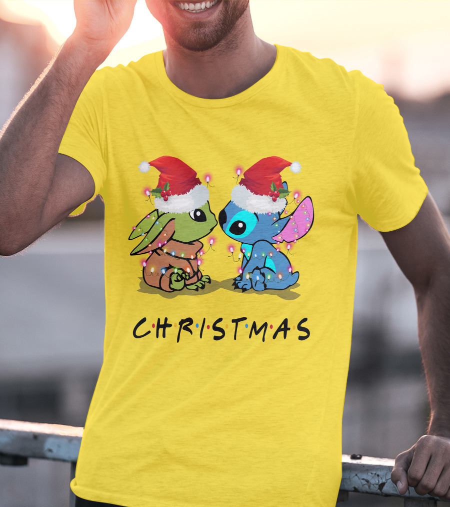 Christmas Yoda And Stitch Santa Hats T-Shirt