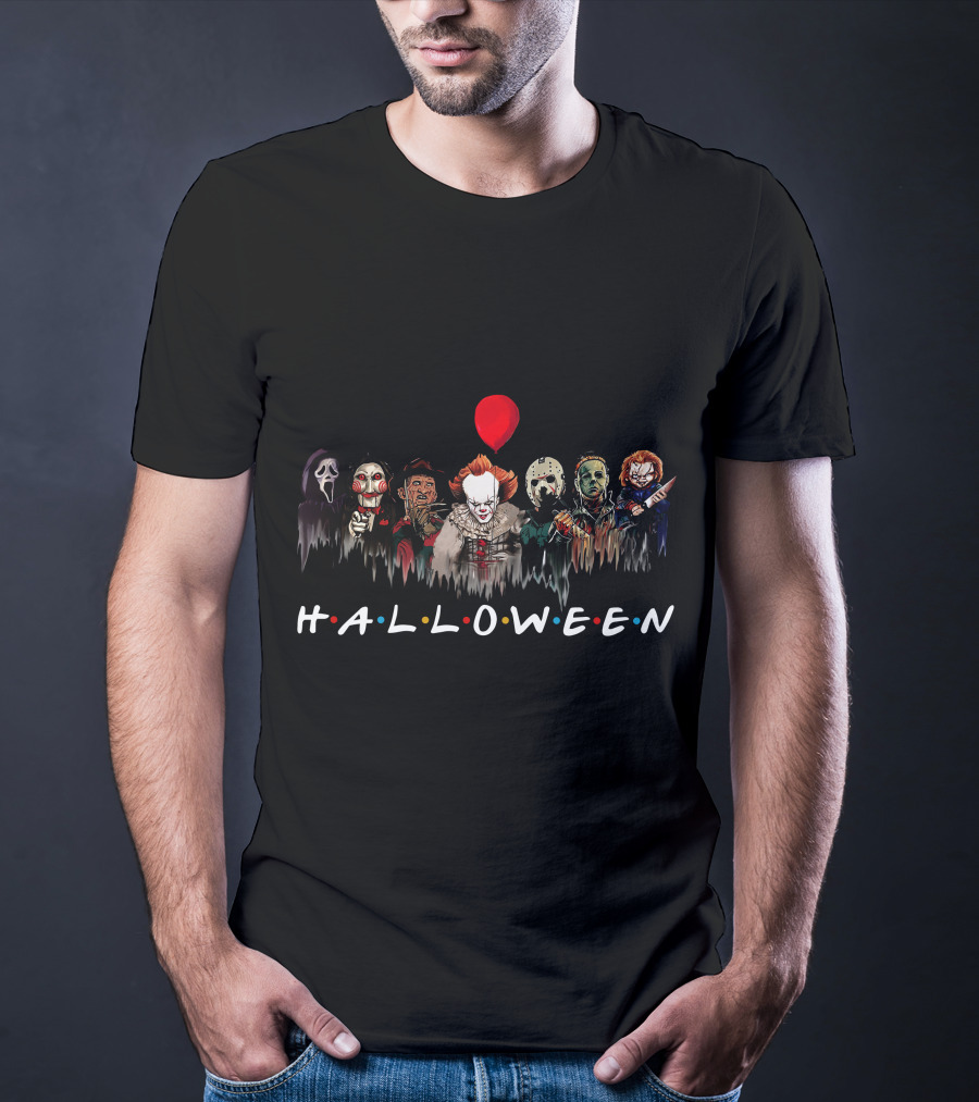 HALLOWEEN ZN699 Horror Movie Villains Group Red Balloon T-Shirt